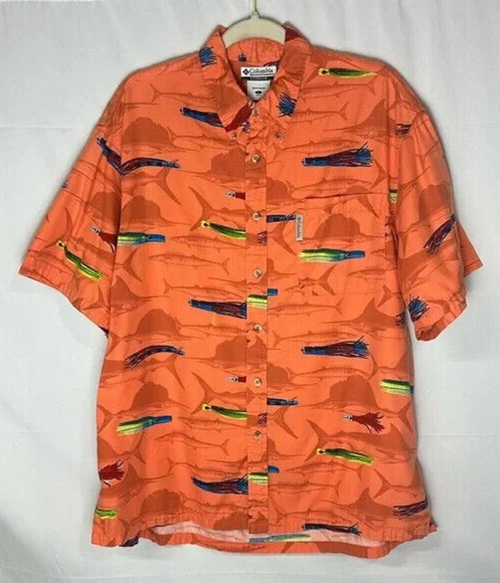 Columbia Large Men's Orange Casual Short Sleeve Hawaiian Broom Button Up Shirt